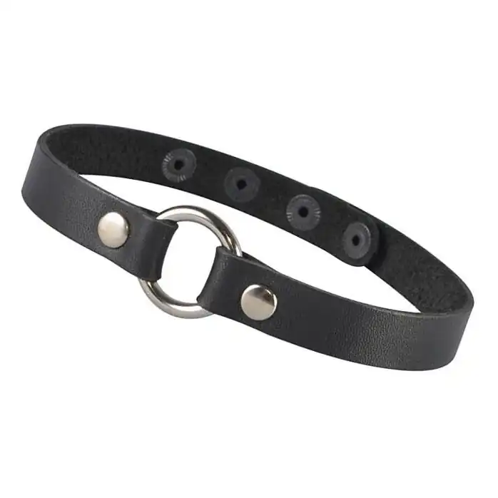 Черный кожаный чокер с колечком и заклепками - BDSM accessories
