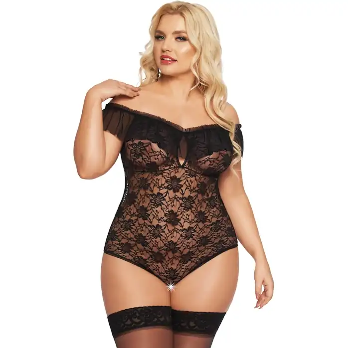 Оригинальное кружевное боди с воланом Kamila - Plus size