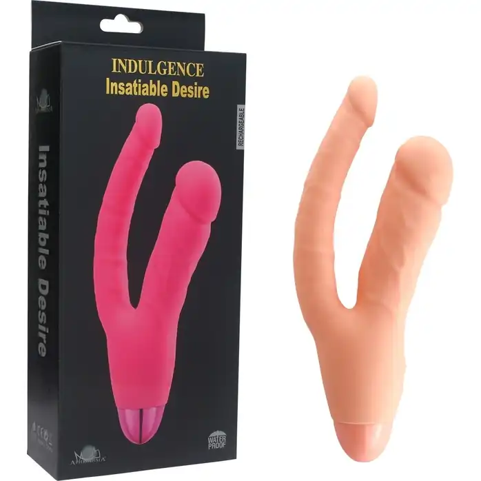 Телесный двойной вибратор INDULGENCE Rechargeable Insatiable Desire - 21 см. Фотография 6.