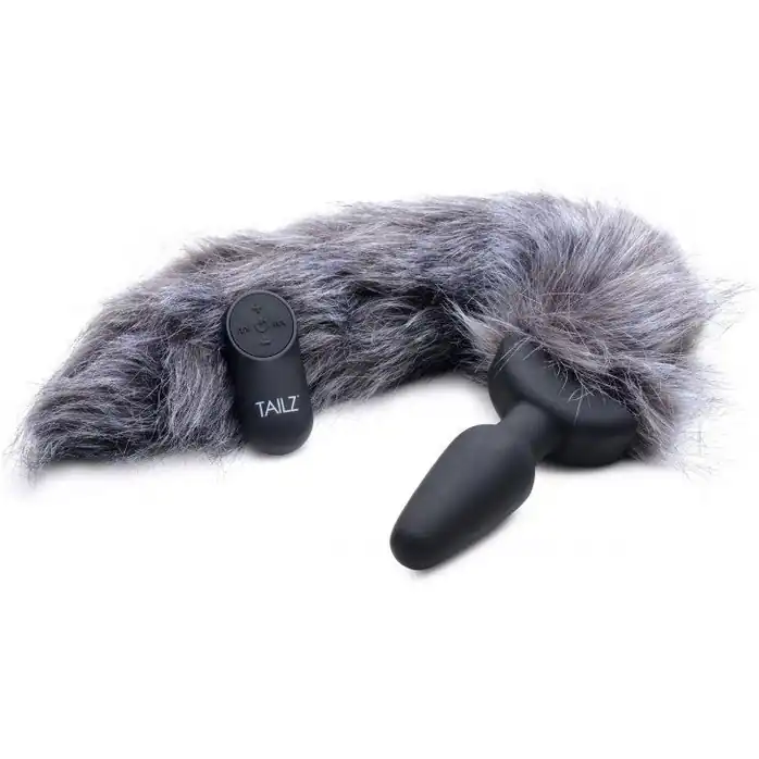 Черная анальная вибропробка с серым лисьим хвостом Grey Fox Tail Vibrating Anal Plug - Tailz