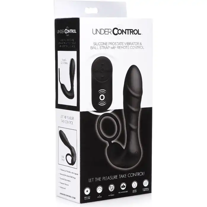 Черный вибростимулятор простаты Silicone Prostate Vibrator and Strap with Remote Control - 14,35 см - Under Control. Фотография 2.