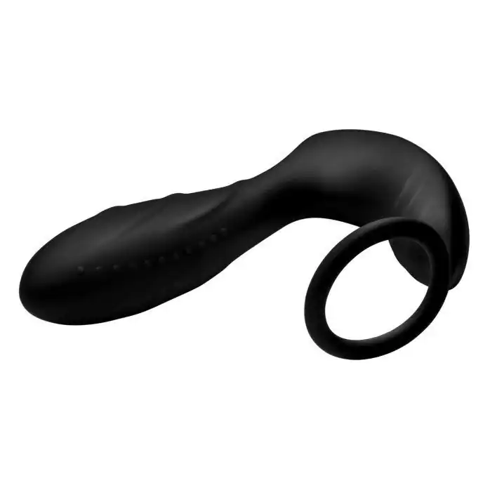 Черный вибростимулятор простаты Silicone Prostate Vibrator and Strap with Remote Control - 14,35 см - Under Control. Фотография 3.