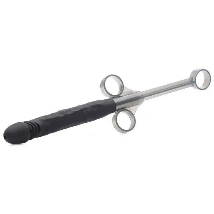 Черный шприц в форме пениса для введения лубриканта Jizz Shooter Silicone Dildo Lube - 19,7 см - Master Series