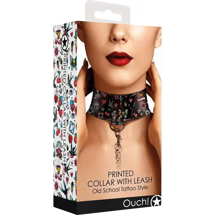 Ошейник Printed Collar With Leash Old School Tattoo Style - Ouch!. Фотография 3.