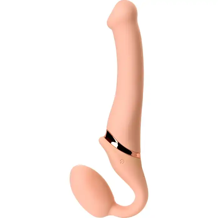 Телесный безремневой вибрострапон Silicone Bendable Strap-On - size M. Фотография 3.