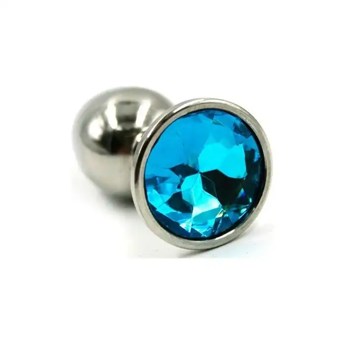 Серебристая гладкая анальная пробка с голубым кристаллом - 7 см - Kanikule anal plugs