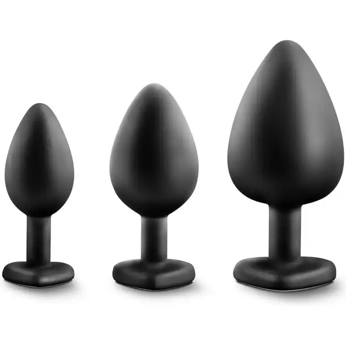 Набор из 3 черных пробок с прозрачным кристаллом-сердечком Bling Plugs Training Kit - Luxe