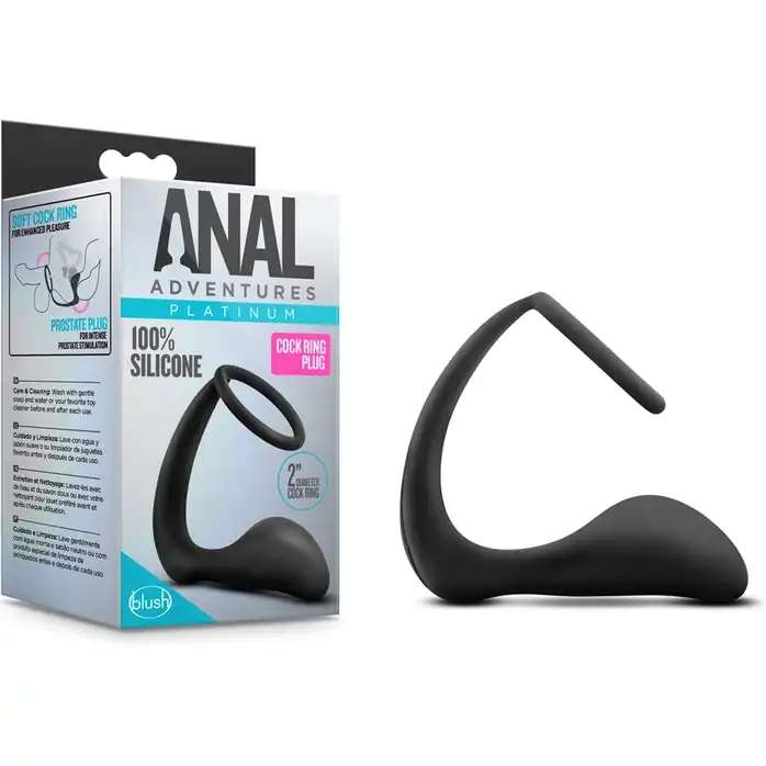 Черное эрекционное кольцо с анальным стимулятором Platinum Cock Ring Plug - Anal Adventures. Фотография 7.