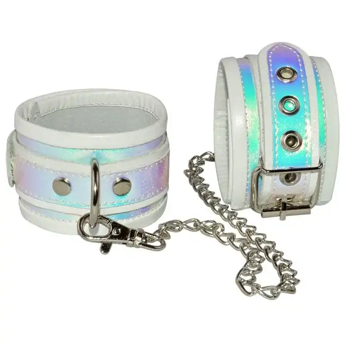 Белые кожаные оковы с перламутровым блеском - BDSM accessories