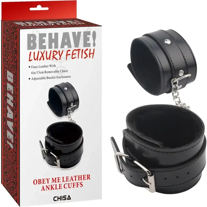 Черные оковы на ноги Obey Me Leather Ankle Cuffs - Behave!. Фотография 3.