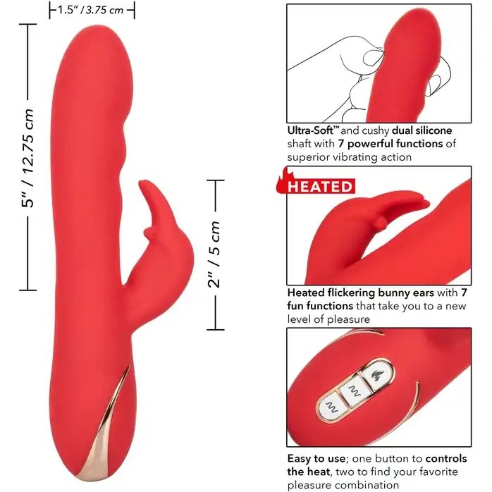 Красный вибромассажер-кролик с функцией нагрева Heated Silicone Ultra-Soft Rabbit - 21,5 см - Jack Rabbits. Фотография 6.