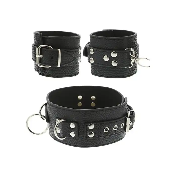 Черный ошейник с манжетами для рук COLLAR CUFF SET - Blaze