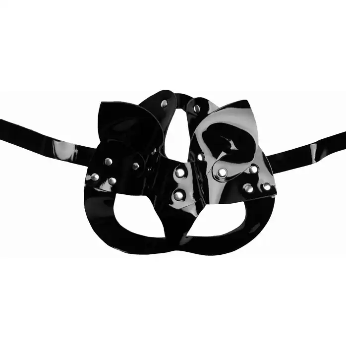 Черная лакированная маска кошки с ушками - BDSM Арсенал. Фотография 3.