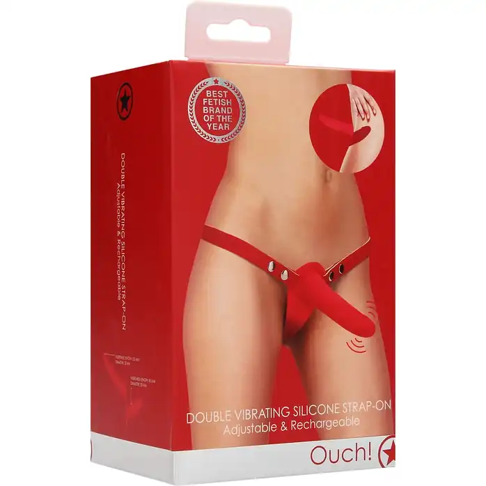 Красный двойной вибрострапон Double Vibrating Silicone Strap-On Adjustable - 15,5 см - Ouch!. Фотография 5.