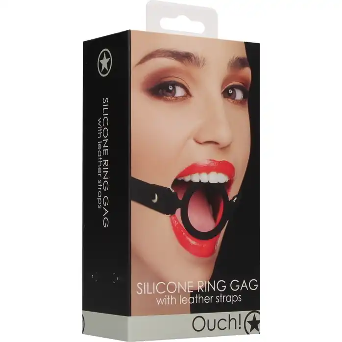 Черный кляп-кольцо с кожаными ремешками Silicone Ring Gag with Leather Straps - Ouch!. Фотография 4.