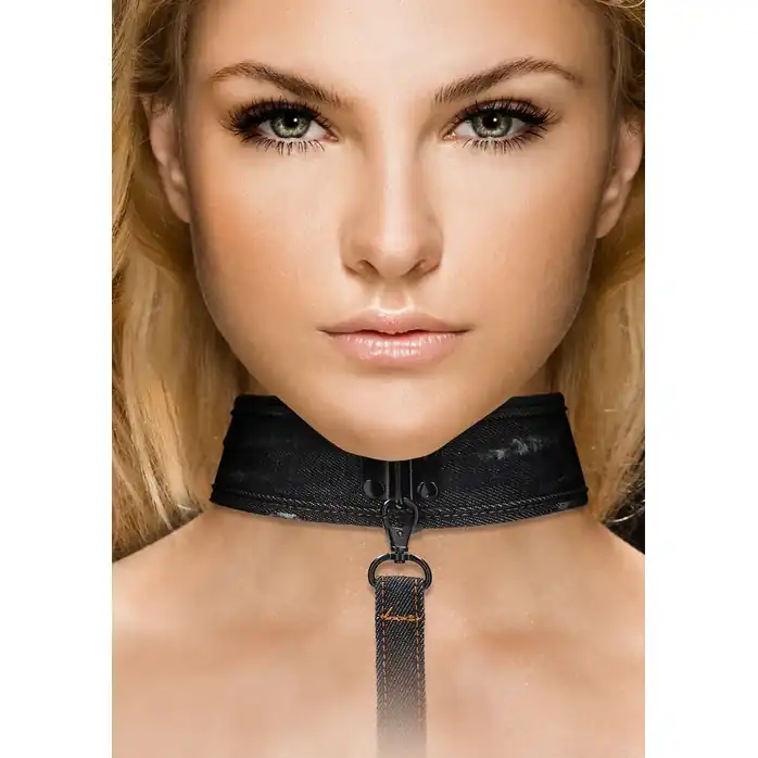 Черный джинсовый ошейник With Leash Roughend Denim Style - Ouch!. Фотография 3.