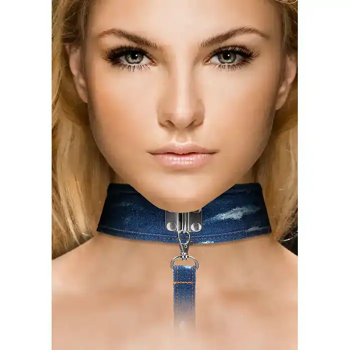 Синий джинсовый ошейник With Leash Roughend Denim Style - Ouch!. Фотография 3.