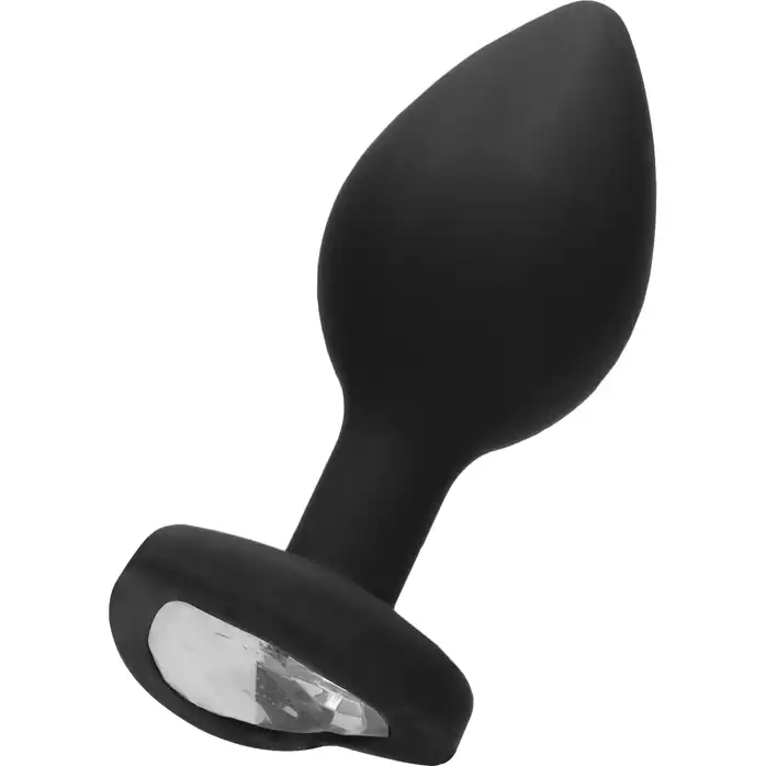 Черная анальная пробка с прозрачным стразом Large Ribbed Diamond Heart Plug - 8 см - Ouch!