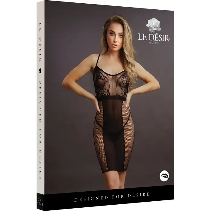 Эффектное мини-платье на бретельках Knee-Length Lace and Fishnet Dress - Le Desir. Фотография 5.