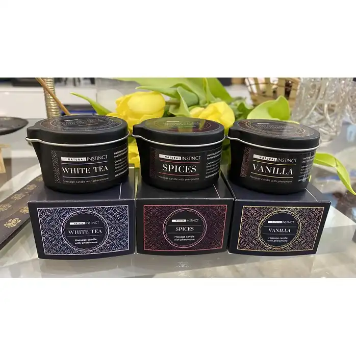 Массажная свеча с феромонами Natural Instinct WHITE TEA - 70 мл - Духи и спреи с феромонами Natural Instinct. Фотография 3.