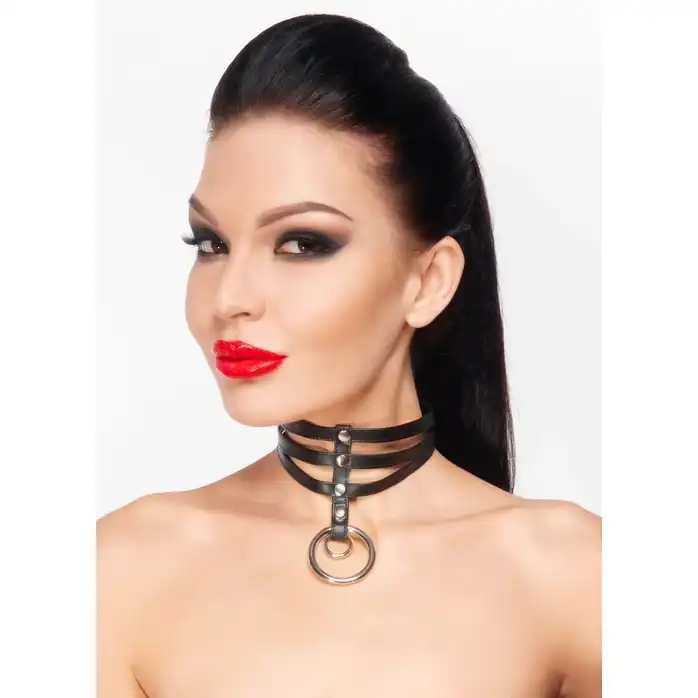 Короткий черный чокер из экокожи с двумя кольцами - BDSM