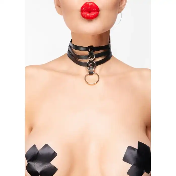 Черный короткий чокер с 3 колечками - BDSM. Фотография 2.