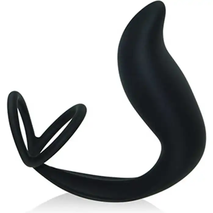 Черный стимулятор простаты с эрекционным кольцом Combo Double Cockring Plug