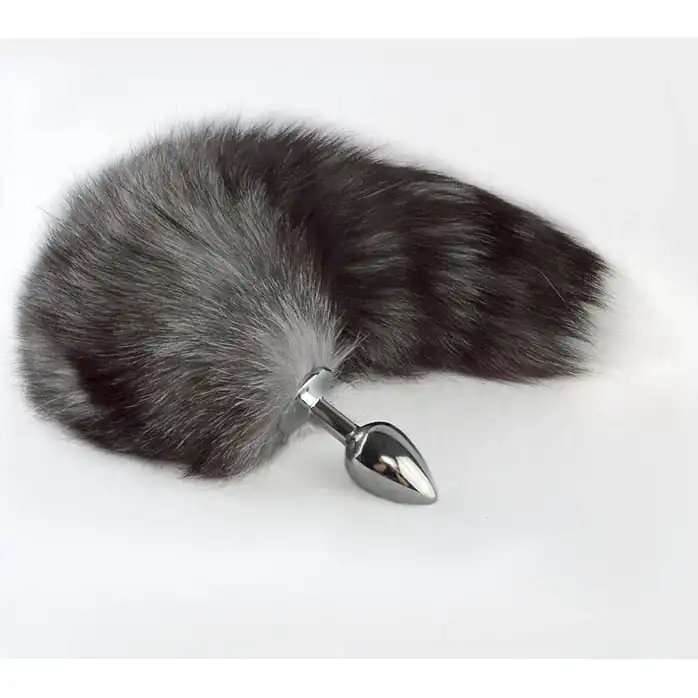 Серебристая анальная пробка с серым хвостиком - Sitabella accessories