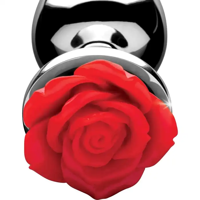 Серебристая анальная пробка с розой Red Rose Butt Plug - 8 см - Booty Sparks. Фотография 3.