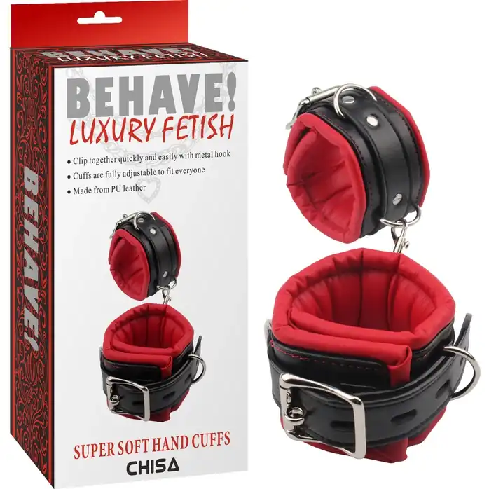 Черно-красные кожаные наручники Super Soft Hand Cuffs - Behave!. Фотография 2.
