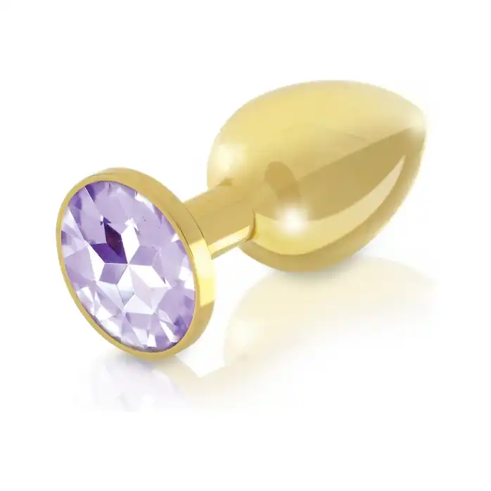 Набор из 2 золотистых анальных пробок с фиолетовыми кристаллами Booty Plug Original Luxury Set. Фотография 3.
