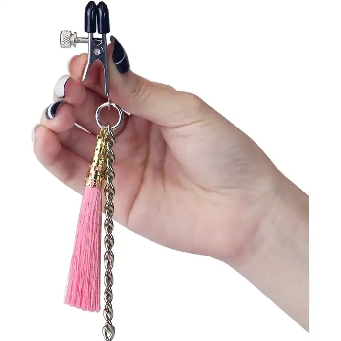 Зажимы на соски и половые губы с розовыми кисточками Nipple Clit Tassel Clamp With Chain. Фотография 3.