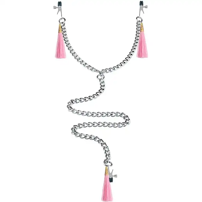 Зажимы на соски и половые губы с розовыми кисточками Nipple Clit Tassel Clamp With Chain