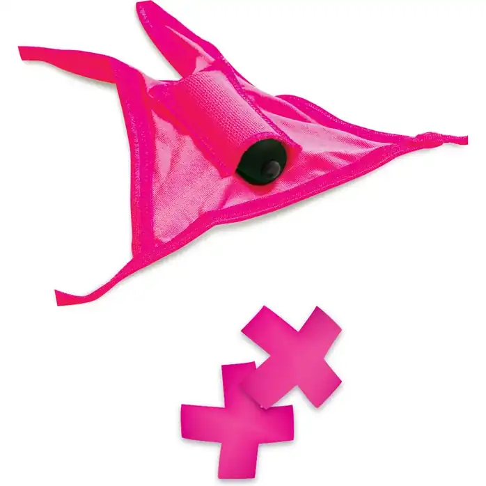 Ярко-розовые вибротрусики с вырезом и пэстисы Neon Vibrating Crotchless Panty and Pasties Set - Neon Luv Touch