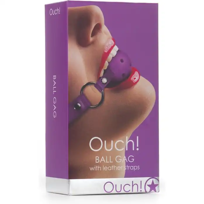 Кляп-шар на фиолетовых кожаных ремешках - Ouch!. Фотография 3.