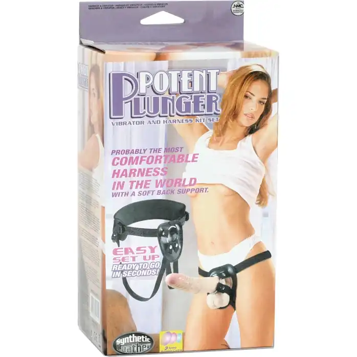 Поясной виброфаллос на кожаных трусиках POTENT PLUNGER HARNESS WITH 8 VIBRATOR - 20,2 см. Фотография 2.