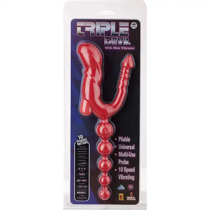 Красный тройной вибростимулятор Triple Devil Butt Plug With Mini Vibe - 28 см.. Фотография 2.