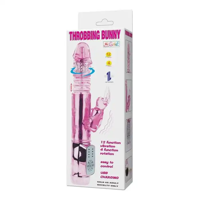 Розовый вибратор-зайчик Throbbing Bunny с ротацией головки и возвратно-поступательным движением - 24,5 см. Фотография 11.