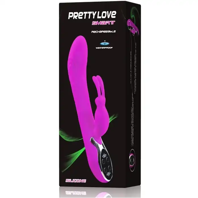 Силиконовый перезаряжаемый вибратор Smart с клиторальным зайчиком - 24 см - Pretty Love. Фотография 6.