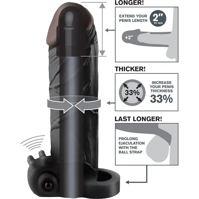 Чёрная вибронасадка с кольцом Vibrating Real Feel 2 Extension - 16 см - Fantasy X-tensions. Фотография 3.