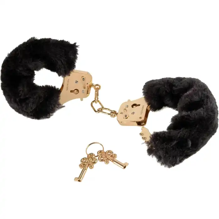 Наручники с чёрной меховой опушкой GOLD DELUXE FURRY CUFFS - Fetish Fantasy Gold