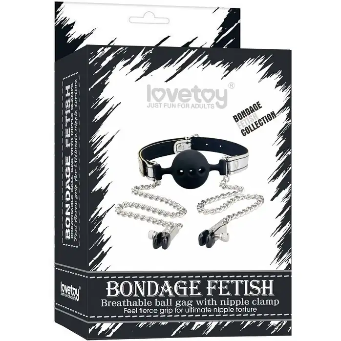 Серебристо-черный кляп с зажимами на соски Breathable Ball Gag With Nipple Clamp. Фотография 2.