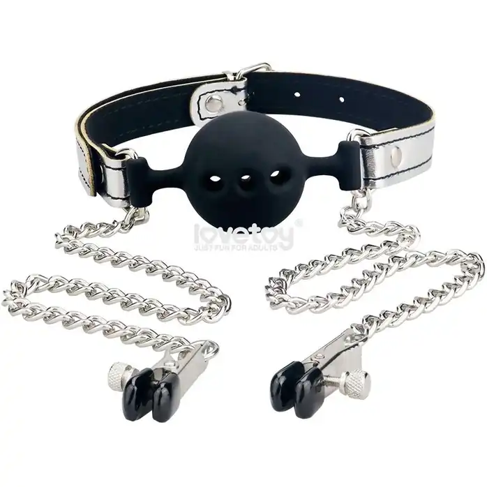 Серебристо-черный кляп с зажимами на соски Breathable Ball Gag With Nipple Clamp