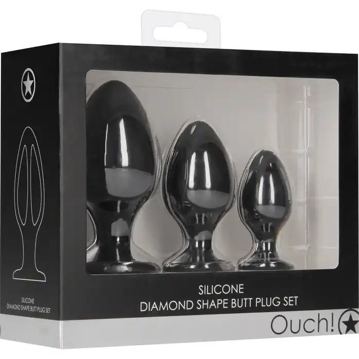 Набор из 3 черных анальных пробок Diamond Shape Butt Plug Set - Ouch!. Фотография 6.
