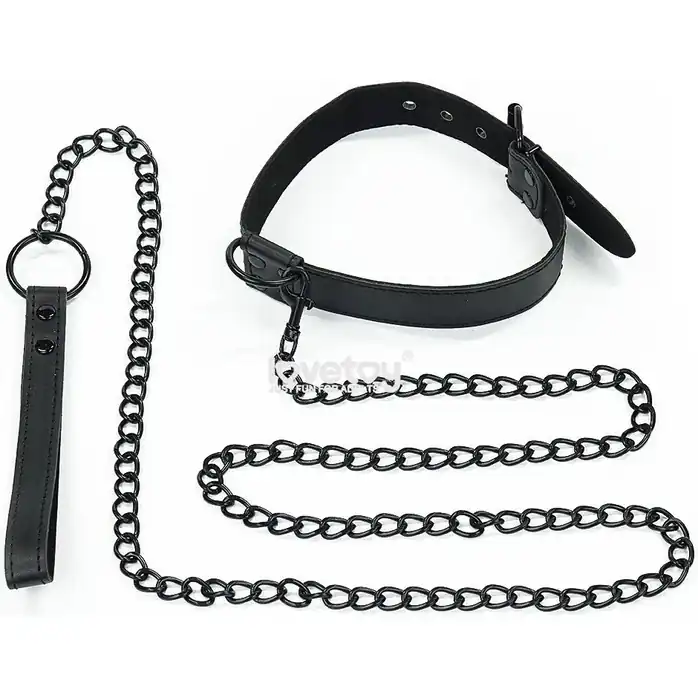 Черный ошейник Bondage Fetish Black Matt Collar With Leash с цепочкой-поводком