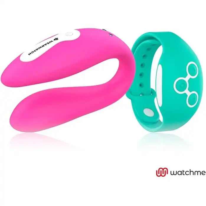 Розовый вибратор для пар с зеленым пультом-часами Weatwatch Dual Pleasure Vibe