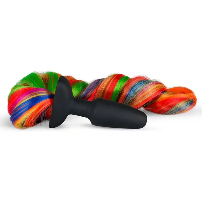 Черная анальная пробка с радужным хвостом Butt Plug With Tail - Fetish Collection