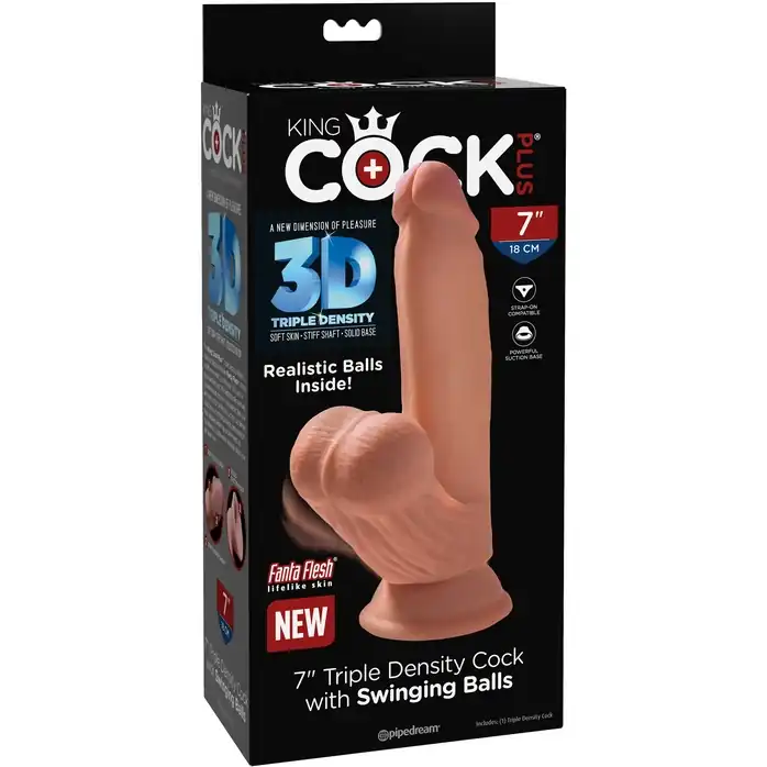 Кофейный фаллоимитатор на присоске 7 Triple Density с подвижной мошонкой - 17,8 см - King Cock Plus. Фотография 2.