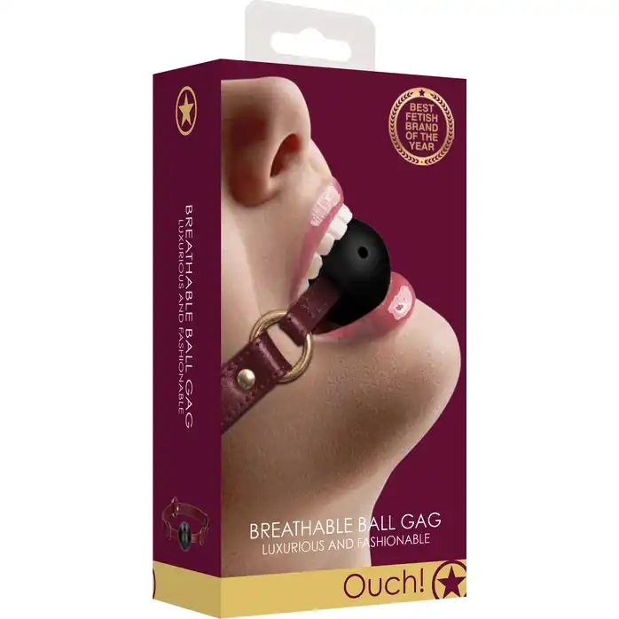 Кляп-шар на бордовых ремешках Breathable Ball Gag - Ouch!. Фотография 4.