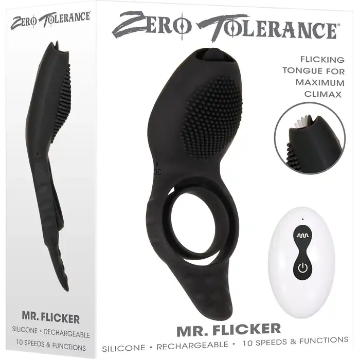Черное эрекционное кольцо со стимулятором клитора Mr. Flicker. Фотография 2.